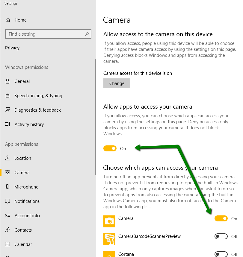 Allow Apps to Access Camera Option